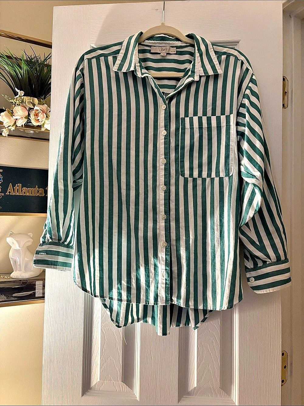 LOFT Striped Button Down in Green & White Size Medium
